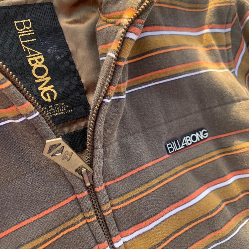 VTG Billabong Mens Striped Full Zip Hoodie Faux Fur Trim Detachable Hood Brown L
